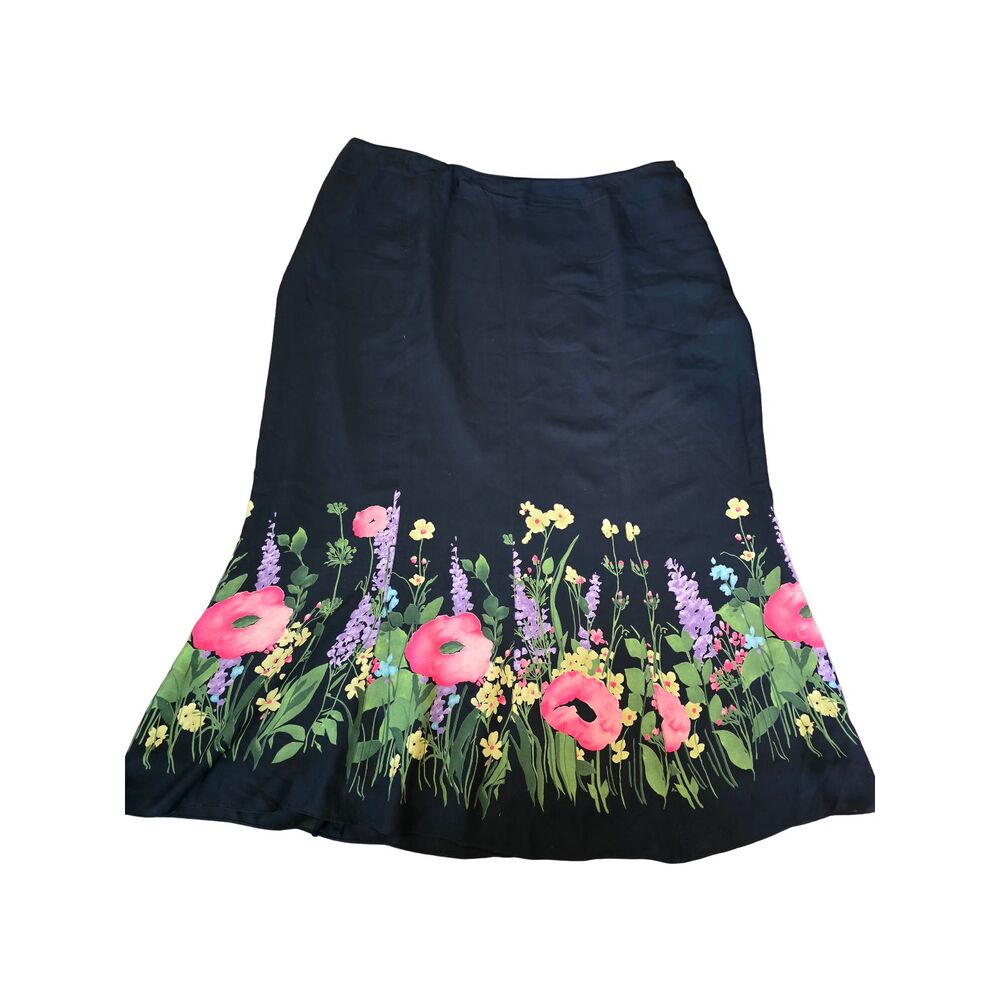 Jones New York Woman 100% Silk Black Floral Border Print Maxi Skirt Plus 20W